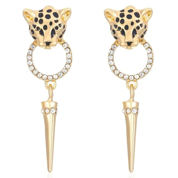 Gold-tone & Cubic Zirconia Leopard Head Drop Earrings - Picture 2 of 4